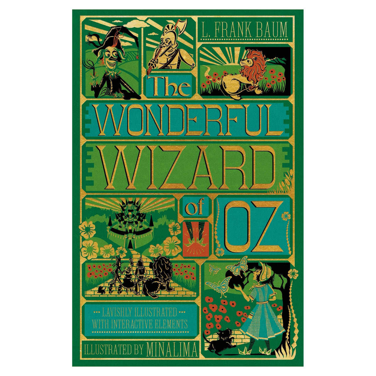 Bold book cover of "The Wonderful Wizard of Oz" featuring vibrant green and gold colors with illustrations of characters and scenes from the story.