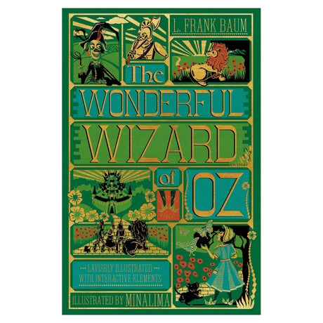 Bold book cover of "The Wonderful Wizard of Oz" featuring vibrant green and gold colors with illustrations of characters and scenes from the story.