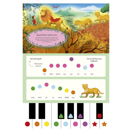 Children's music book page for Royal March of the Lion featuring a piano keyboard, color-coded notes, and lion illustrations.