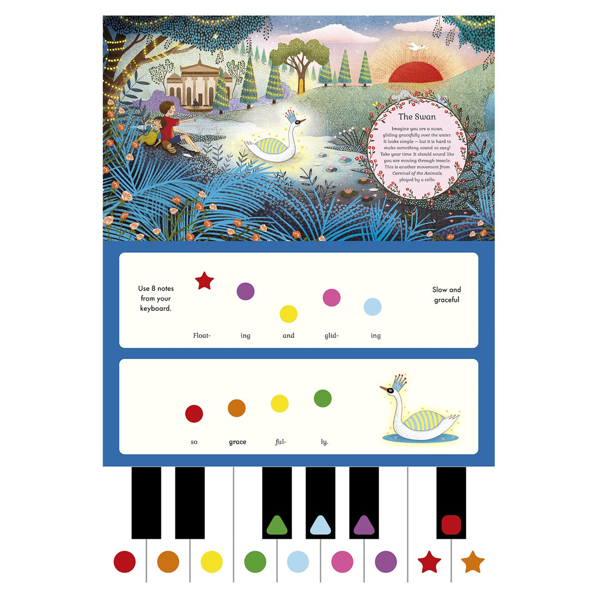 Children's musical book page for "The Swan" with a colorful swan illustration and a color-coded keyboard guide.