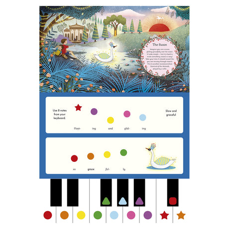 Children's musical book page for "The Swan" with a colorful swan illustration and a color-coded keyboard guide.