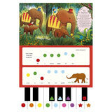 Illustration of elephants in a jungle with a simplified piano keyboard and color-coded musical notes for children.