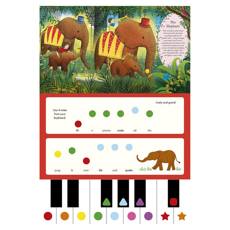 Illustration of elephants in a jungle with a simplified piano keyboard and color-coded musical notes for children.