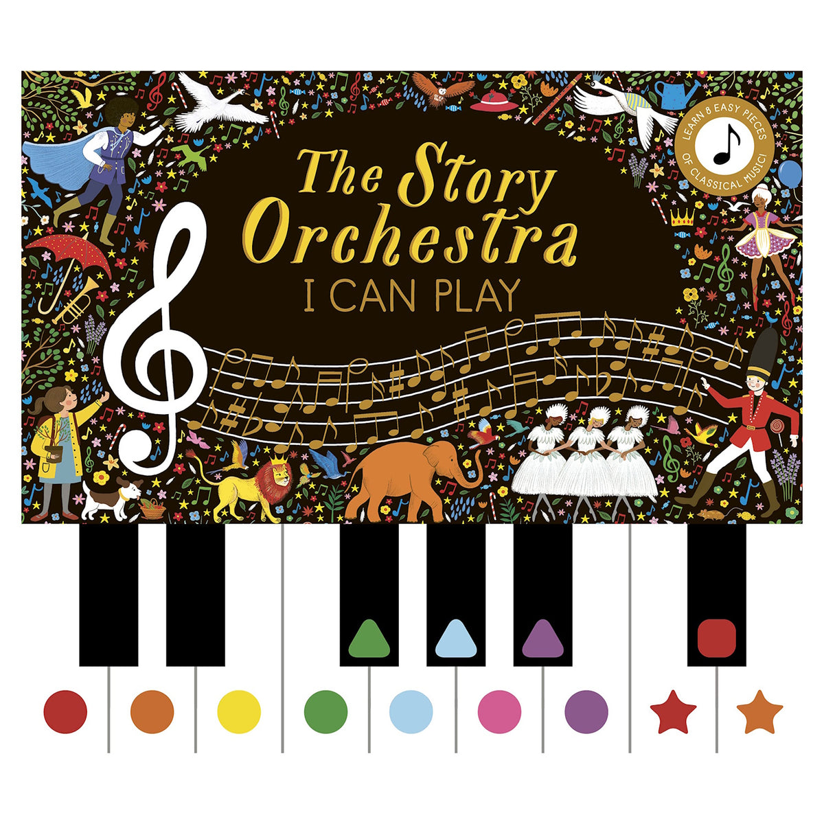 The Story Orchestra I Can Play book cover with colorful piano keys, musical notes, and whimsical illustrations.