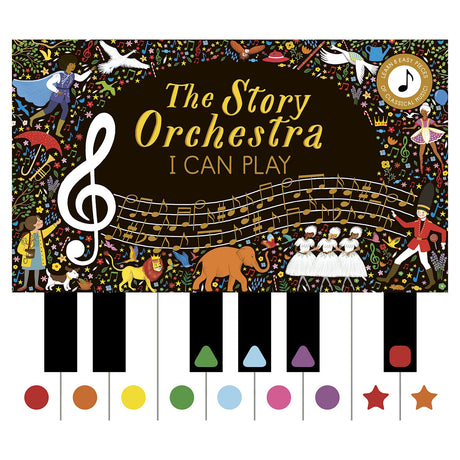 The Story Orchestra I Can Play book cover with colorful piano keys, musical notes, and whimsical illustrations.