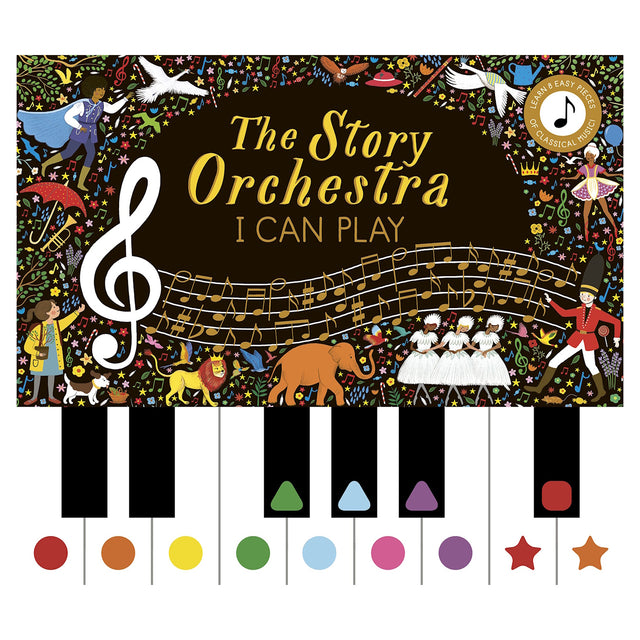 The Story Orchestra I Can Play book cover with colorful piano keys, musical notes, and whimsical illustrations.