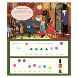 An illustrated scene of a cozy room with children and adults, including a man in a tall hat holding a nutcracker. A dog, cat, and various toys are present. The room is warmly lit with a clock showing bedtime. Below, musical notations and performance directions are shown with colorful symbols, conveying a cheerful and playful tone.