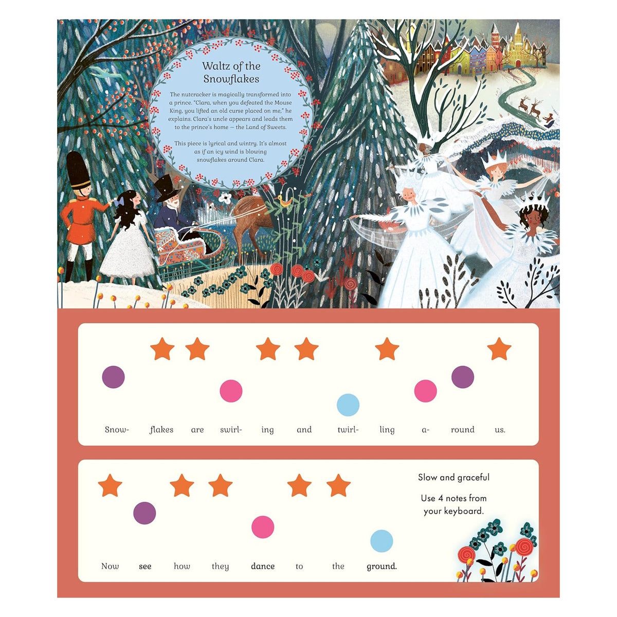 Illustrated scene from "Waltz of the Snowflakes" shows characters in a snowy forest with swirling snowflakes. Musical notes and colorful dots are below.