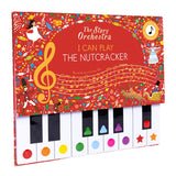 Children's book cover with a toy piano keyboard. The red theme features festive illustrations from "The Nutcracker," including ballerinas and musical notes.