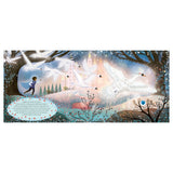 Children's book illustration of Prince Siegfried watching white swans fly over a magical forest and castle.