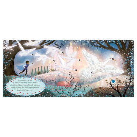 Children's book illustration of Prince Siegfried watching white swans fly over a magical forest and castle.