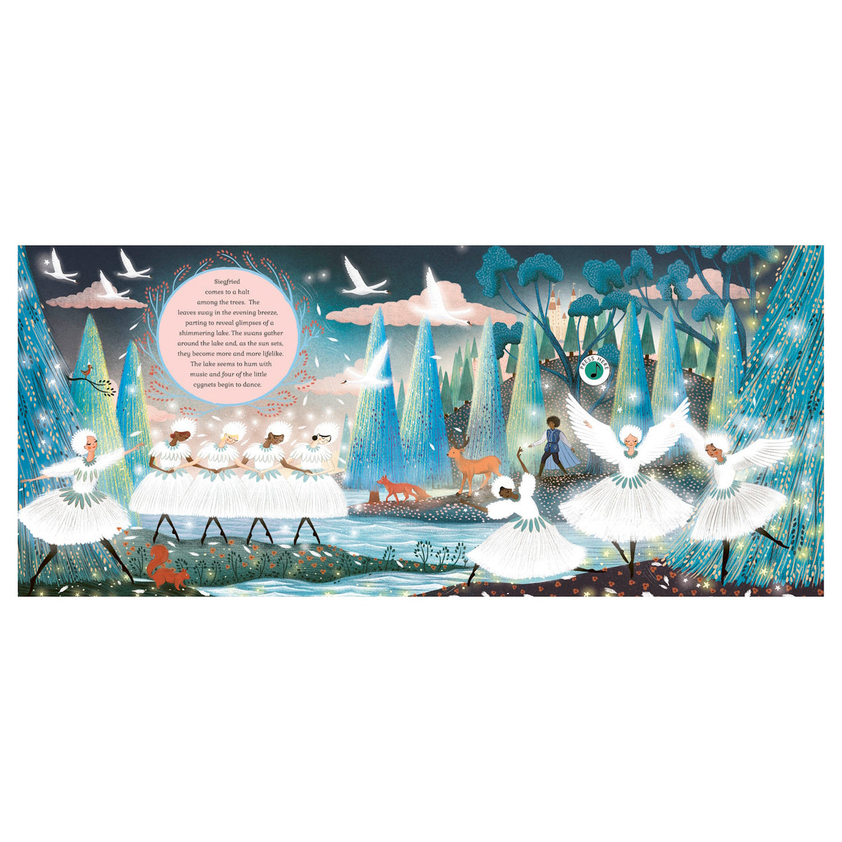 Swan Lake children's book illustration featuring ballerinas in white tutus dancing by a moonlit lake in a forest.