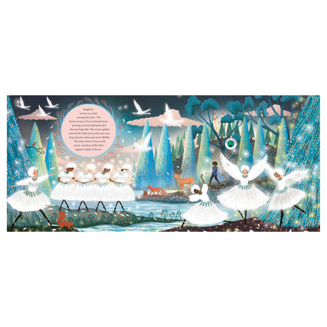 Swan Lake children's book illustration featuring ballerinas in white tutus dancing by a moonlit lake in a forest.