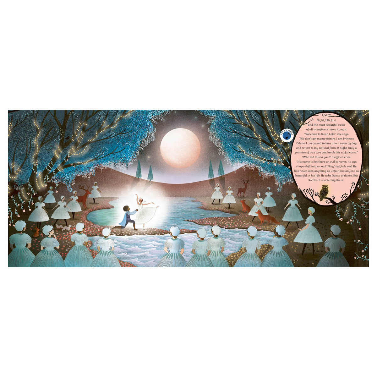 Swan Lake children's book illustration of a moonlit ballet scene by a lake with dancers and fairy tale forest animals.