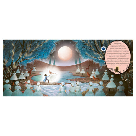 Swan Lake children's book illustration of a moonlit ballet scene by a lake with dancers and fairy tale forest animals.