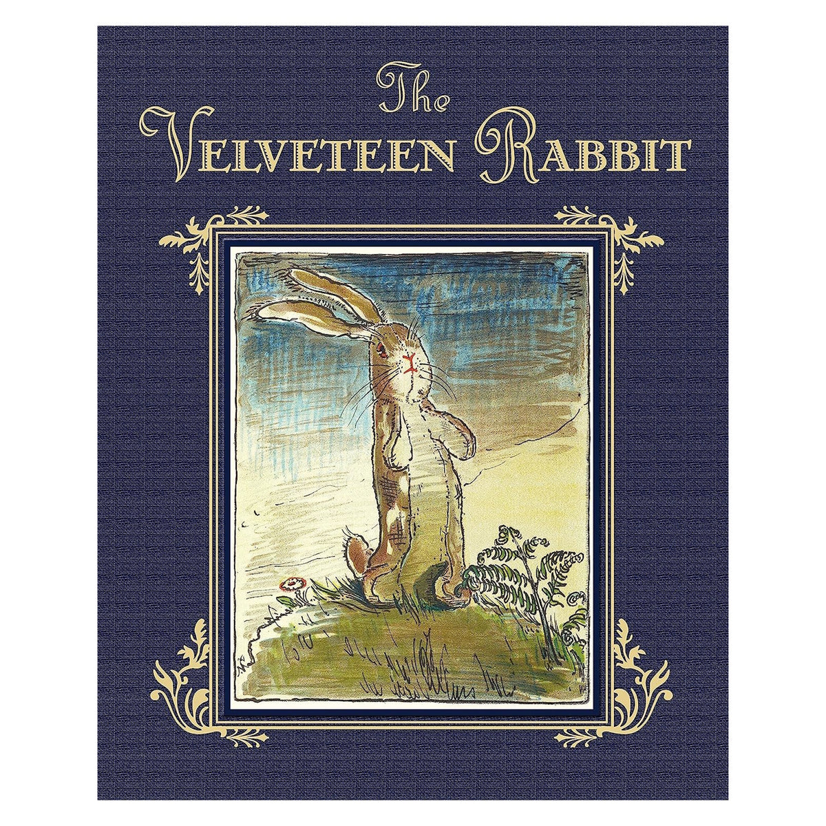 Book cover for The Velveteen Rabbit featuring a classic illustration of a rabbit in a field on a navy blue background.