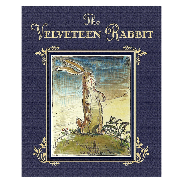 Book cover for The Velveteen Rabbit featuring a classic illustration of a rabbit in a field on a navy blue background.