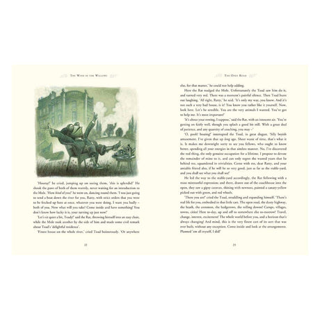 Illustrated pages from The Wind in the Willows featuring Mr. Toad sitting outside his grand manor, Toad Hall.