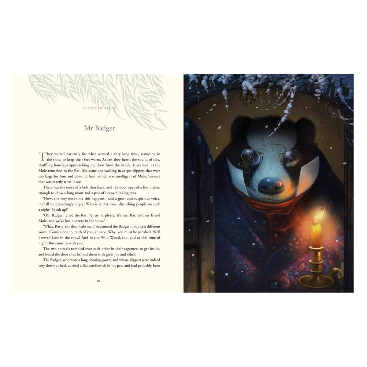 Illustration of Mr. Badger from The Wind in the Willows wearing spectacles and holding a candle in a dark doorway.