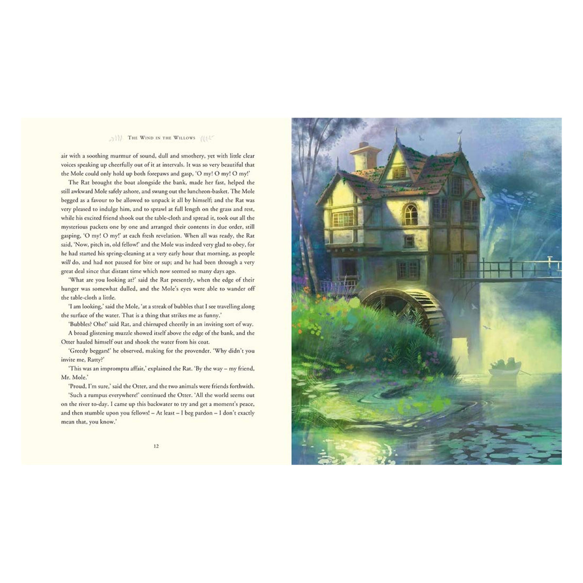 Illustration of a watermill by a river from The Wind in the Willows, featuring a small boat and lush green scenery.