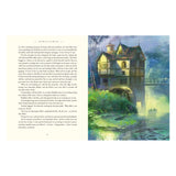 Illustration of a watermill by a river from The Wind in the Willows, featuring a small boat and lush green scenery.