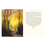 Illustration of Toad, Mole, Rat, and Badger walking through a sunlit forest in The Wind in the Willows.