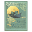 Book cover for The Wind in the Willows featuring Mole and Rat in a rowboat under a golden sun and willow branches.