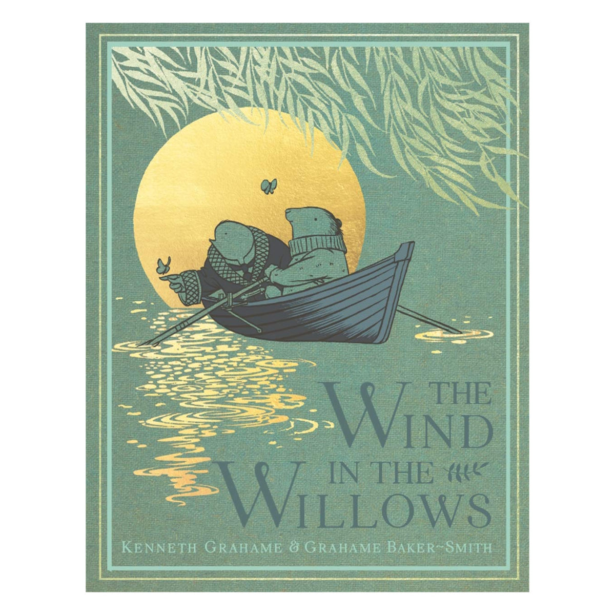 Book cover for The Wind in the Willows featuring Mole and Rat in a rowboat under a golden sun and willow branches.
