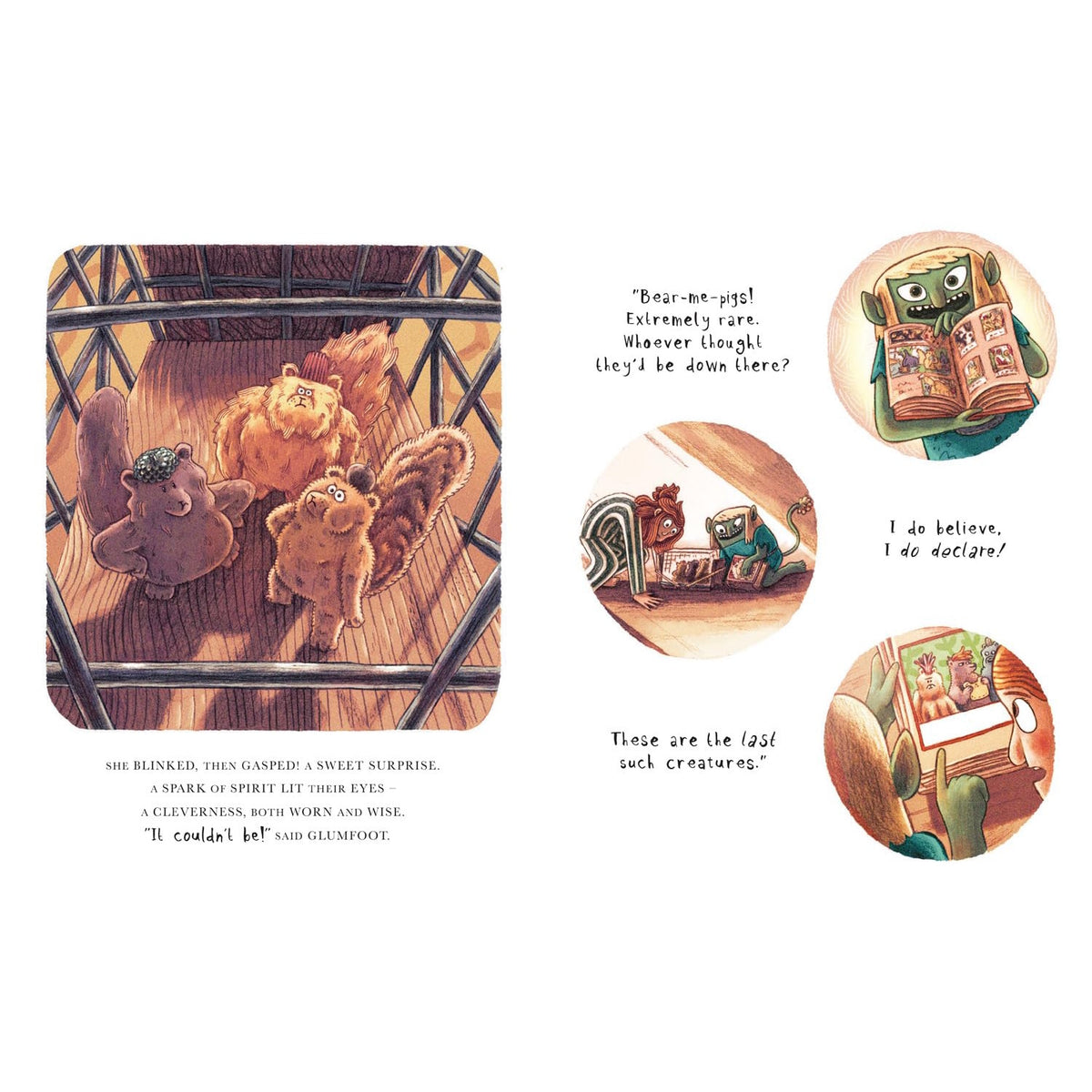 Illustrated children's book page showing characters discovering rare creatures beneath the floorboards.