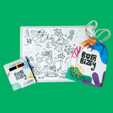 Born Bizzy coloring set with a reusable mat, 9 vibrant markers, and a colorful drawstring storage bag.