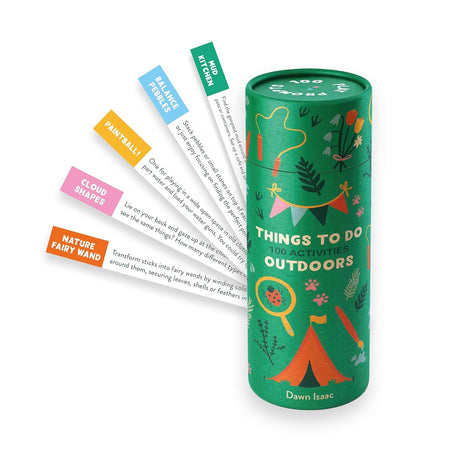Green "Things To Do Outdoors" tube container displaying colorful activity prompt cards fanned out beside it.