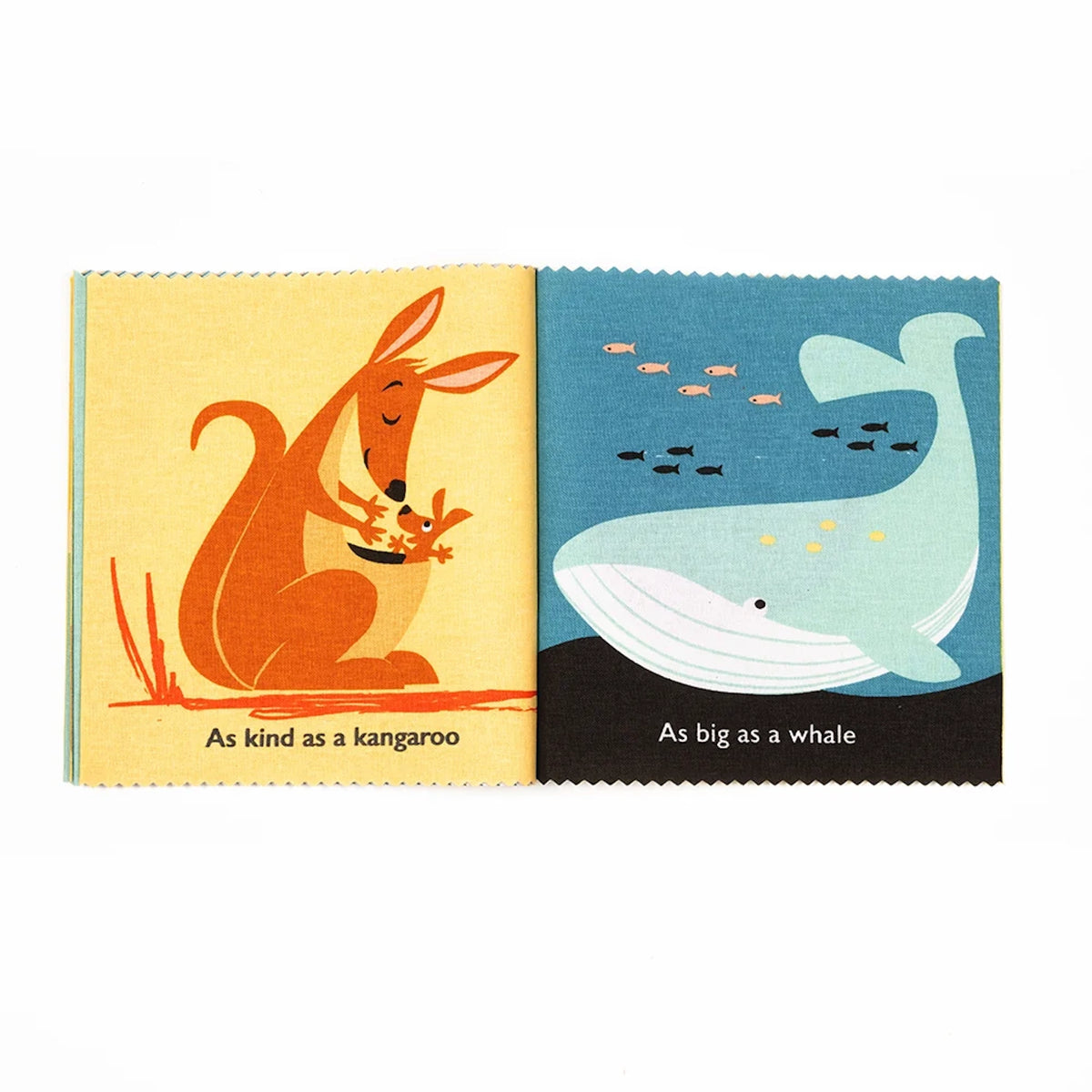 Open cloth book showing illustrations of a kangaroo with its joey and a large whale swimming.