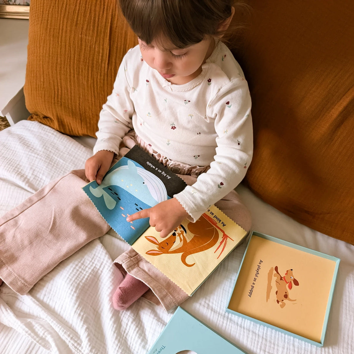 Young child sitting on a bed pointing at illustrations in a fabric rag book.