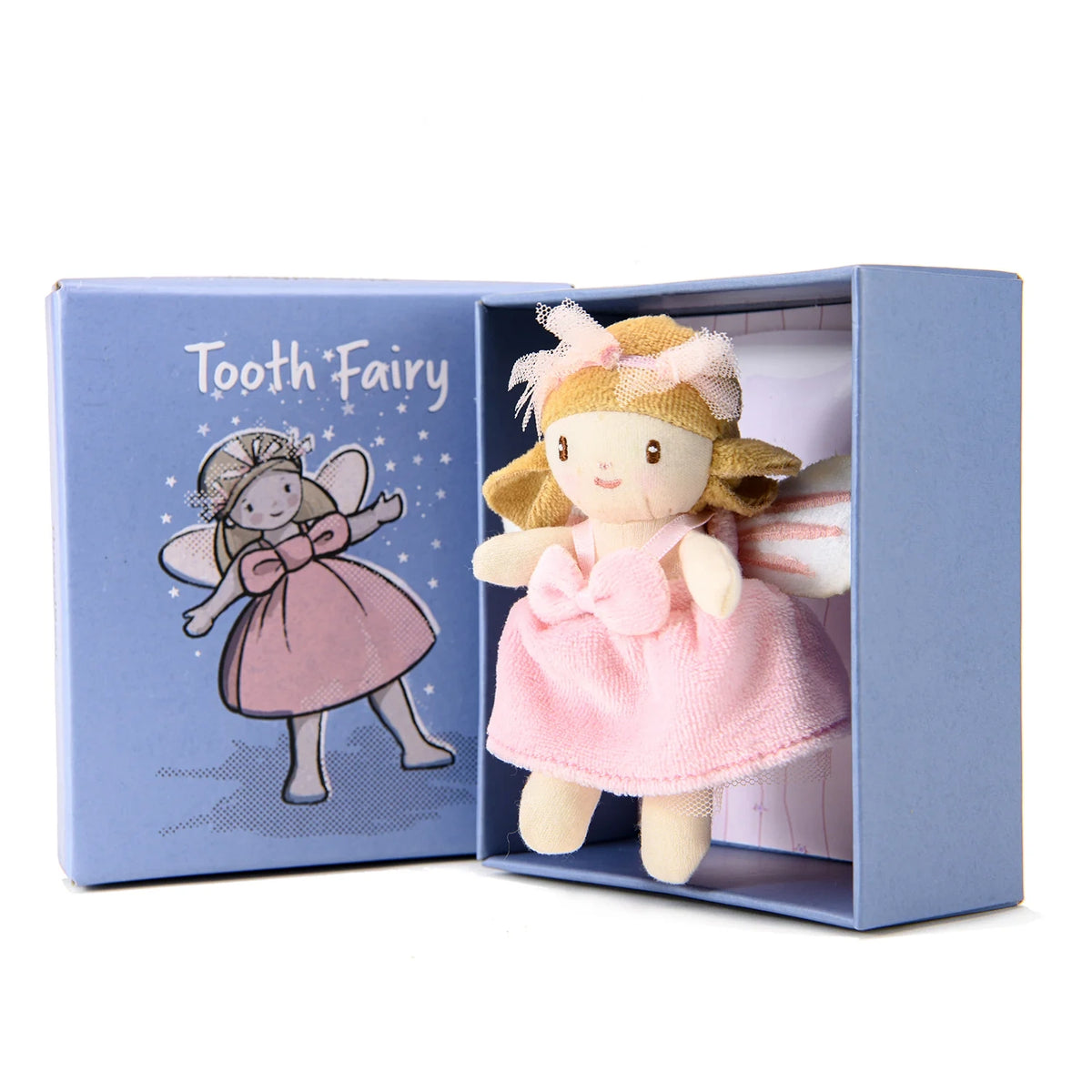Small plush tooth fairy doll in a pink dress sitting inside an open blue gift box.