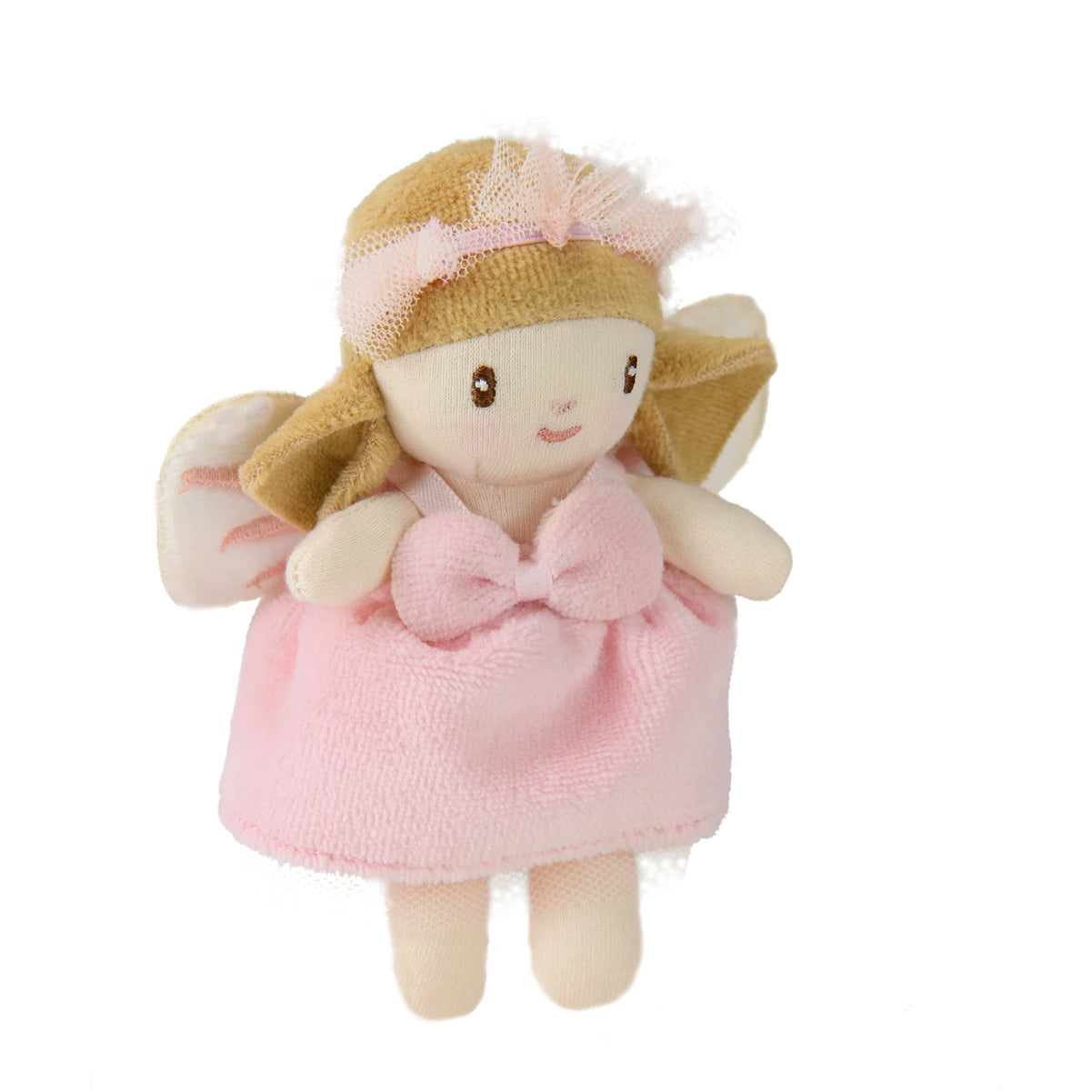 Small plush fairy doll wearing a pink bow dress, wings, and a matching pink headband on a white background.