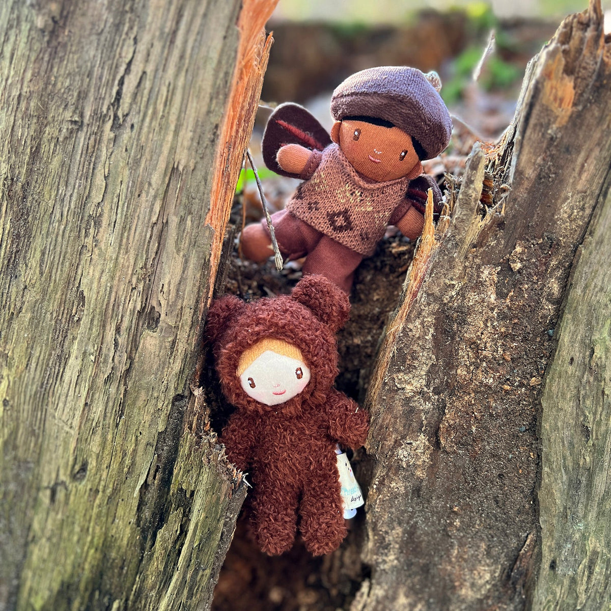 Small plush fairy and bear dolls nestled inside a hollow tree trunk outdoors.