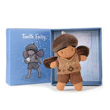Small plush forest tooth fairy doll standing in front of its open blue illustrated gift box.
