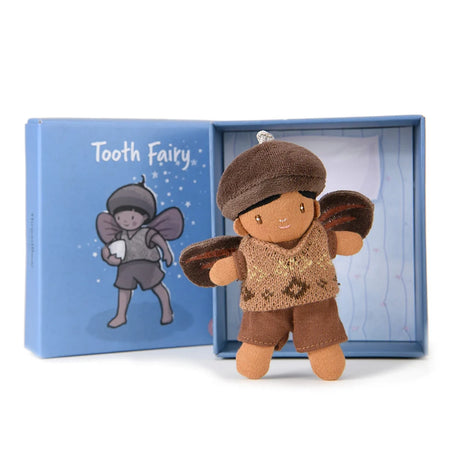 Small plush forest tooth fairy doll standing in front of its open blue illustrated gift box.