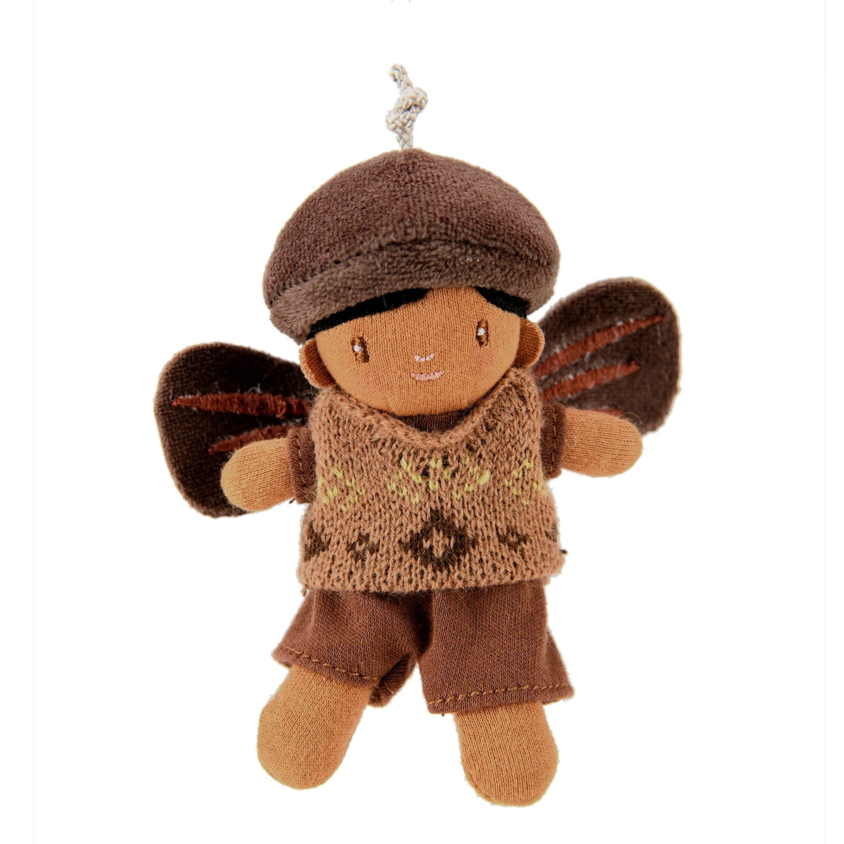 Small plush forest fairy doll wearing a brown acorn cap, pattern vest, and wings on a white background.
