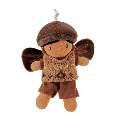 Small plush forest fairy doll wearing a brown acorn cap, pattern vest, and wings on a white background.