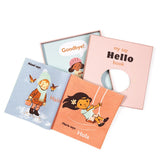 Open fabric book titled "my say Hello book" with children's illustrations beside its pink box.