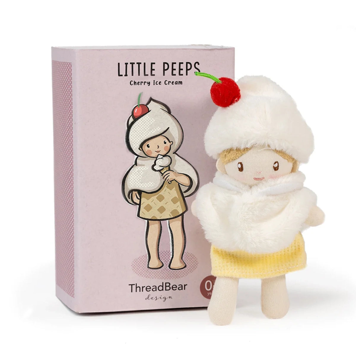 Small "Little Peeps Cherry Ice Cream" plush doll standing next to its pink illustrated box.