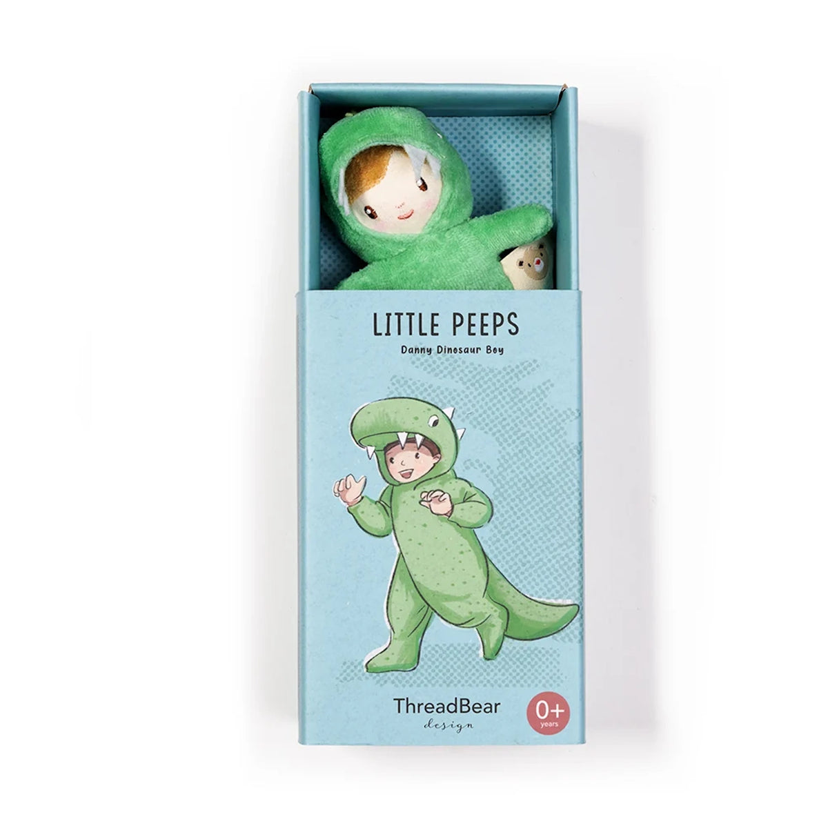 "Little Peeps Danny Dinosaur Boy" plush toy peeking out from its blue illustrated box.