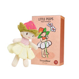 Small "Little Peeps Poppy Strawberry" plush doll wearing a strawberry hat and yellow skirt, standing next to its peach-colored illustrated box.