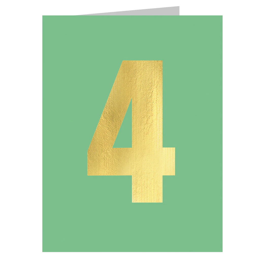 Green card with a large, gold, metallic number 4 centered. The design is simple and elegant, conveying a celebratory or milestone theme.