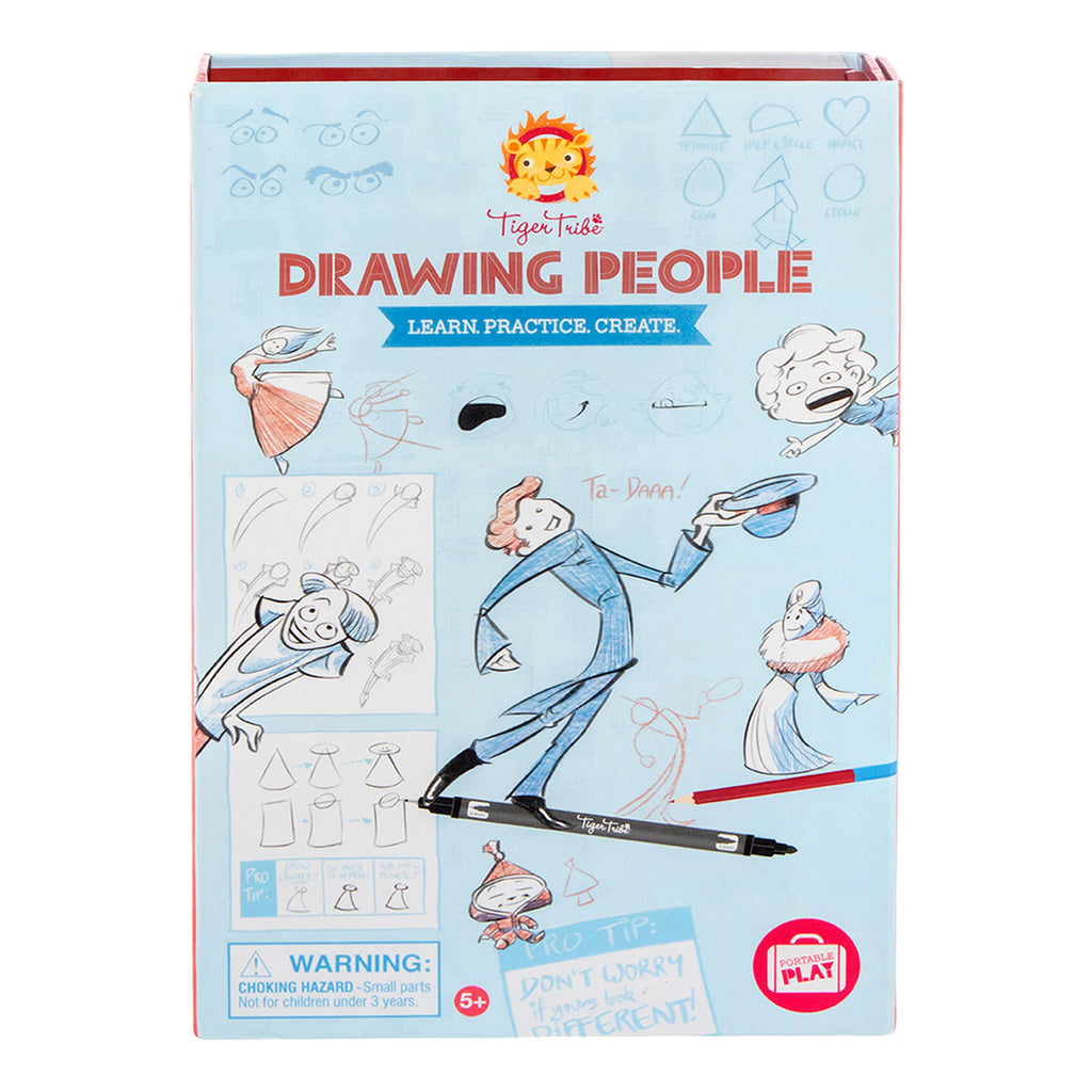 Colorful "Drawing People" kit cover with sketches of people, a magic hat, and drawing steps. Includes a marker and playful, artistic vibe.