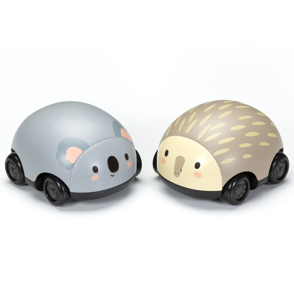 Two cute toy cars resembling animals, a gray koala and a beige hedgehog. Both have cartoon-like faces and black wheels, set against a white background.