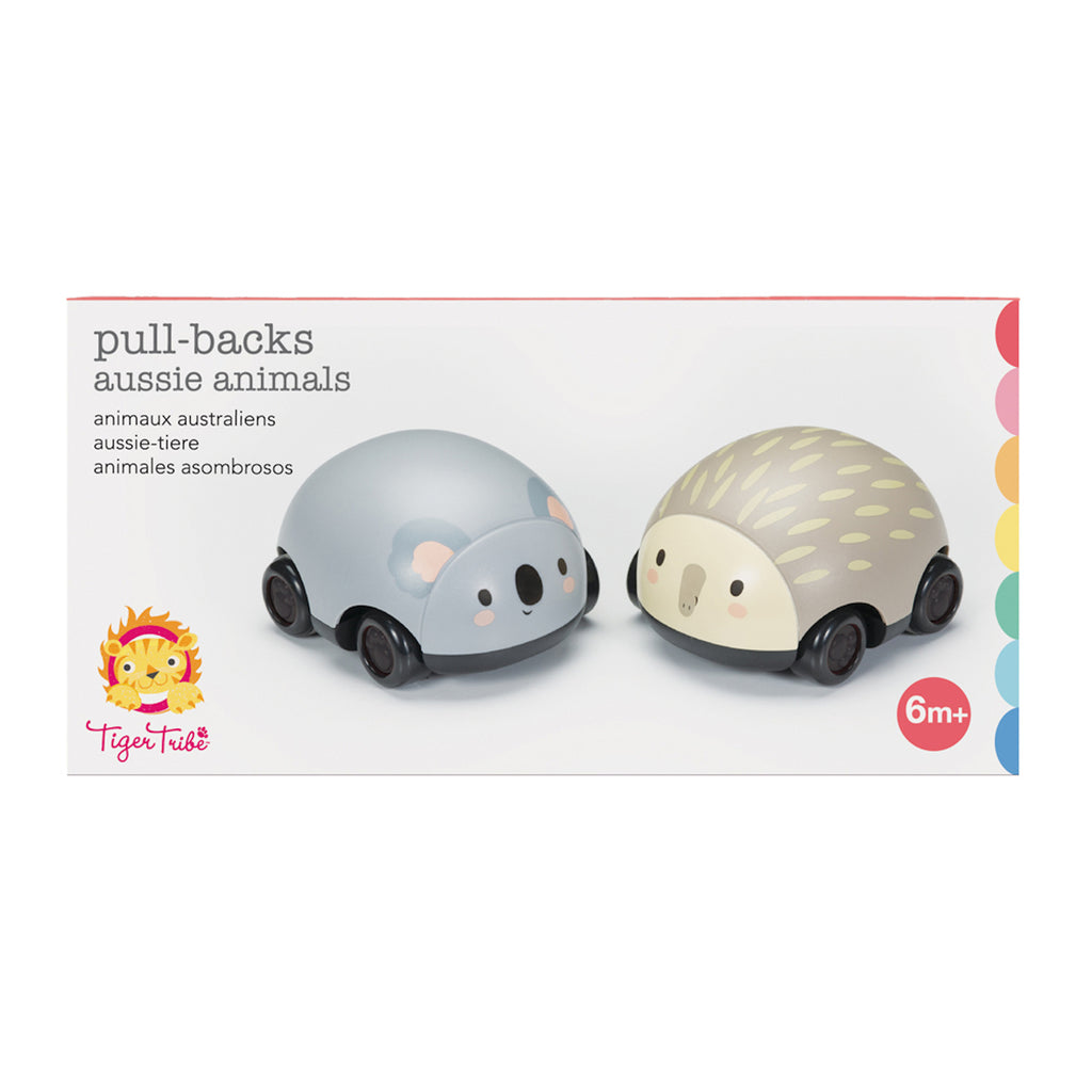 Toy packaging featuring two pull-back vehicles shaped like a koala and an echidna. Design is playful and colorful, suitable for ages 6 months and up.