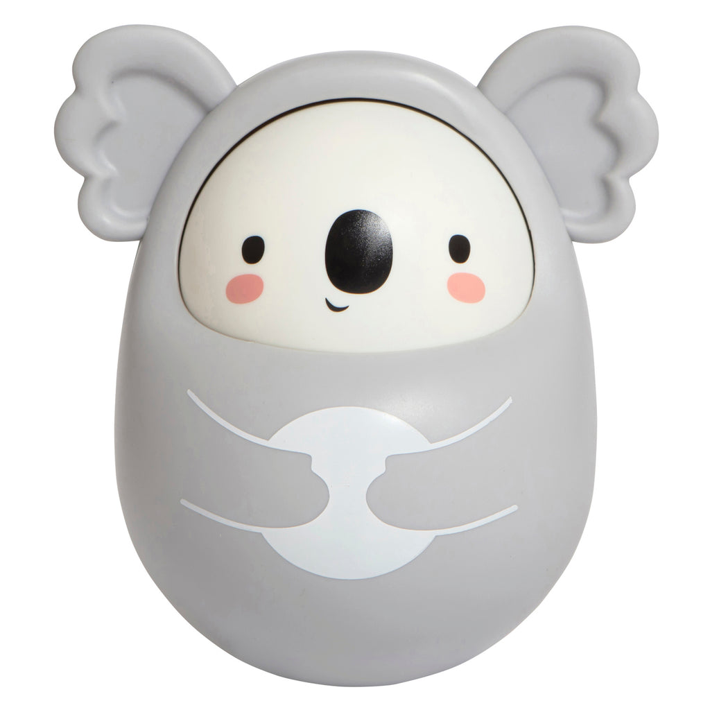 Cute, round, gray koala toy with large ears and a smiling face. The koala holds a white circle, conveying a playful and cheerful tone.