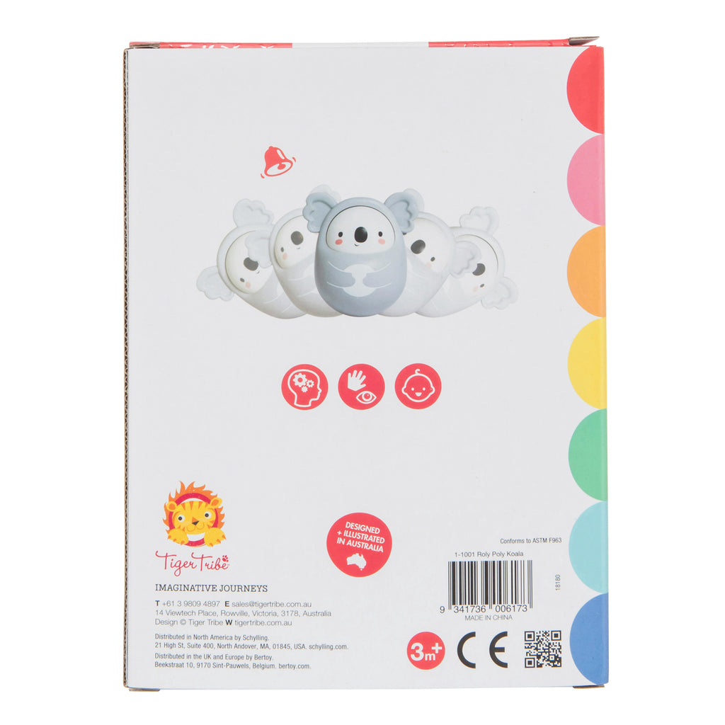 Box with colorful border edge featuring an illustration of a playful koala toy and symbols for developmental benefits on a white background. Labels indicate suitability for ages 3 and up.